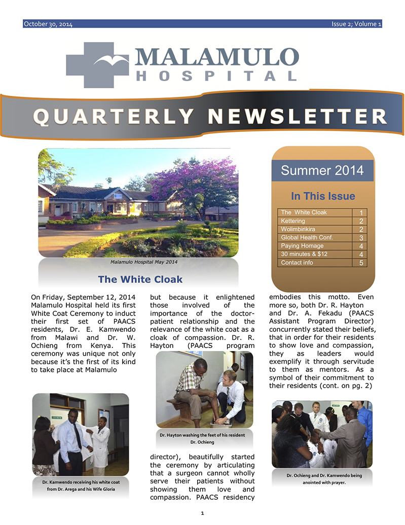 Malamulo Hospital Quarterly Newsletter p1
